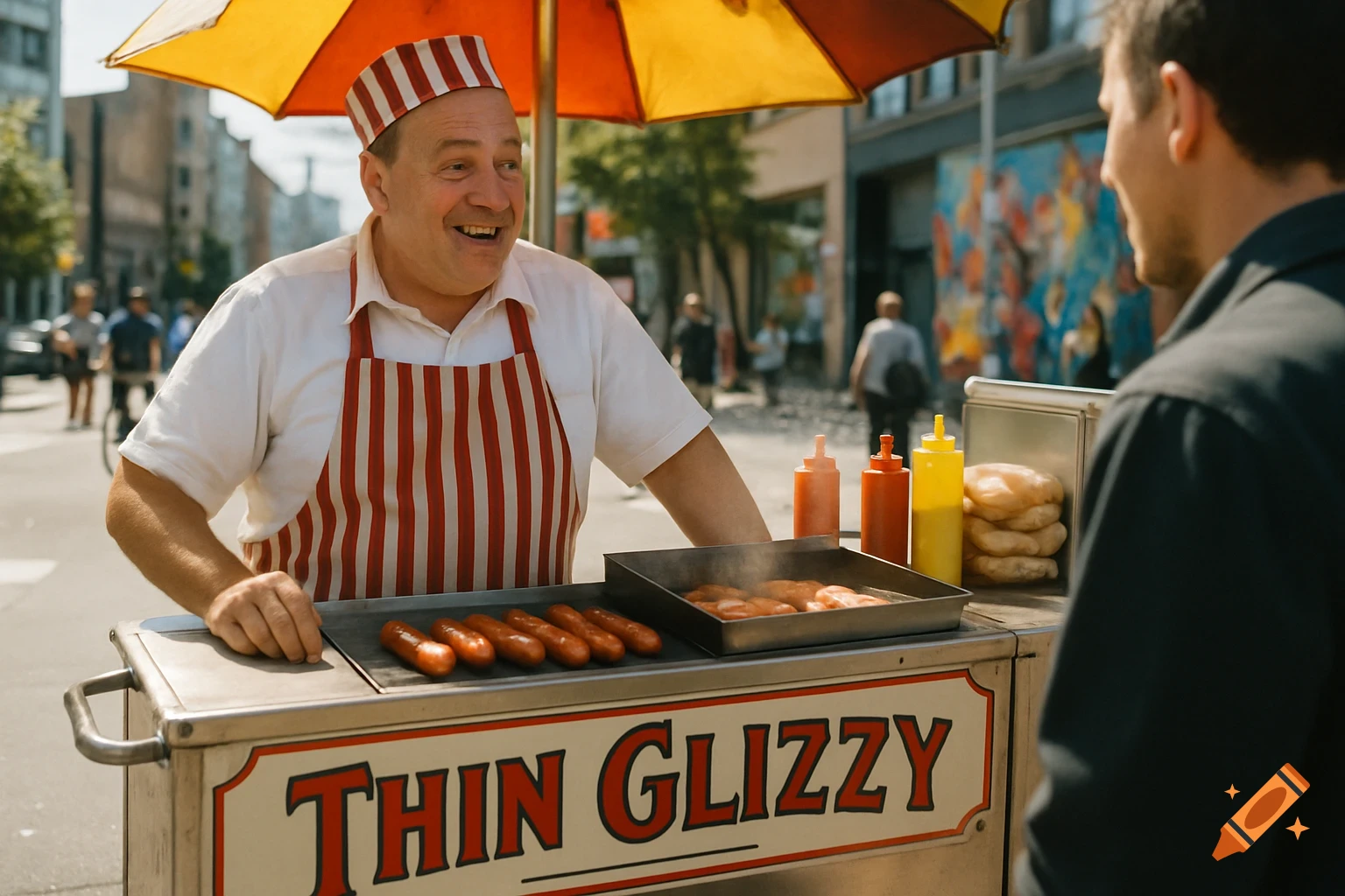A smiling hot dog vendor in a striped apron and hat behind his cart on a sunny city street.