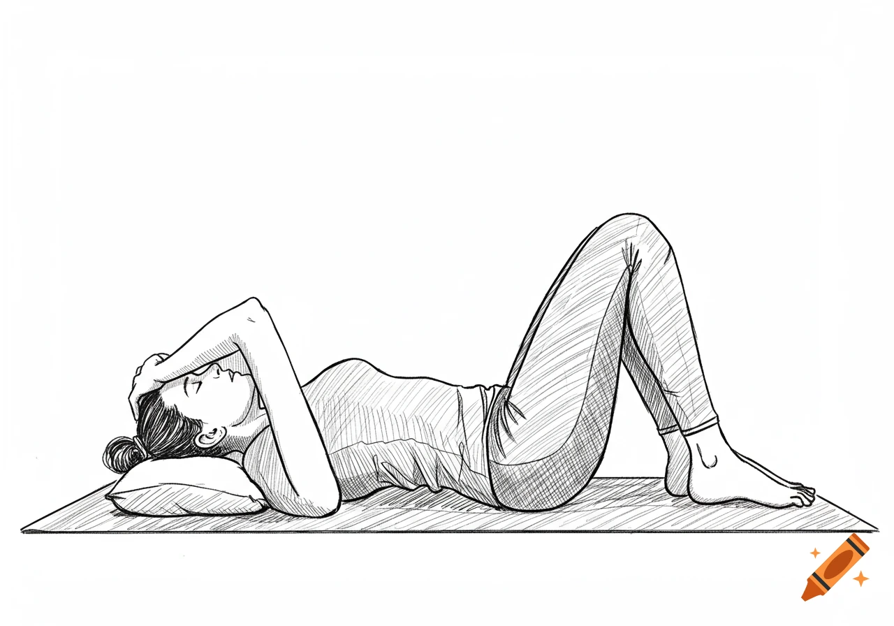 Simple black and white sketch of a person lying on a yoga mat with bent knees and hands behind their head.