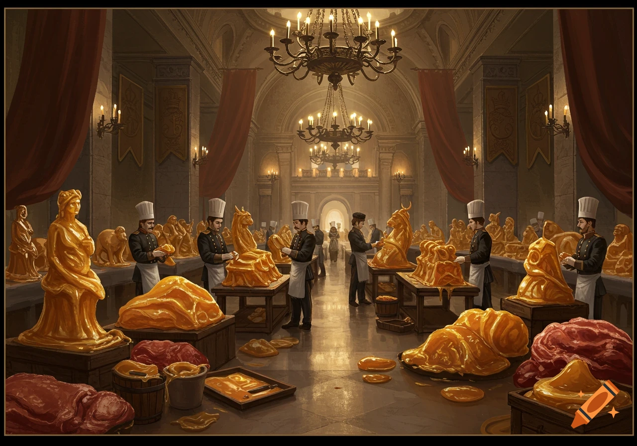 Chefs sculpt elaborate figures from beef tallow in a grand, chandelier-lit hall, surrounded by raw meat.