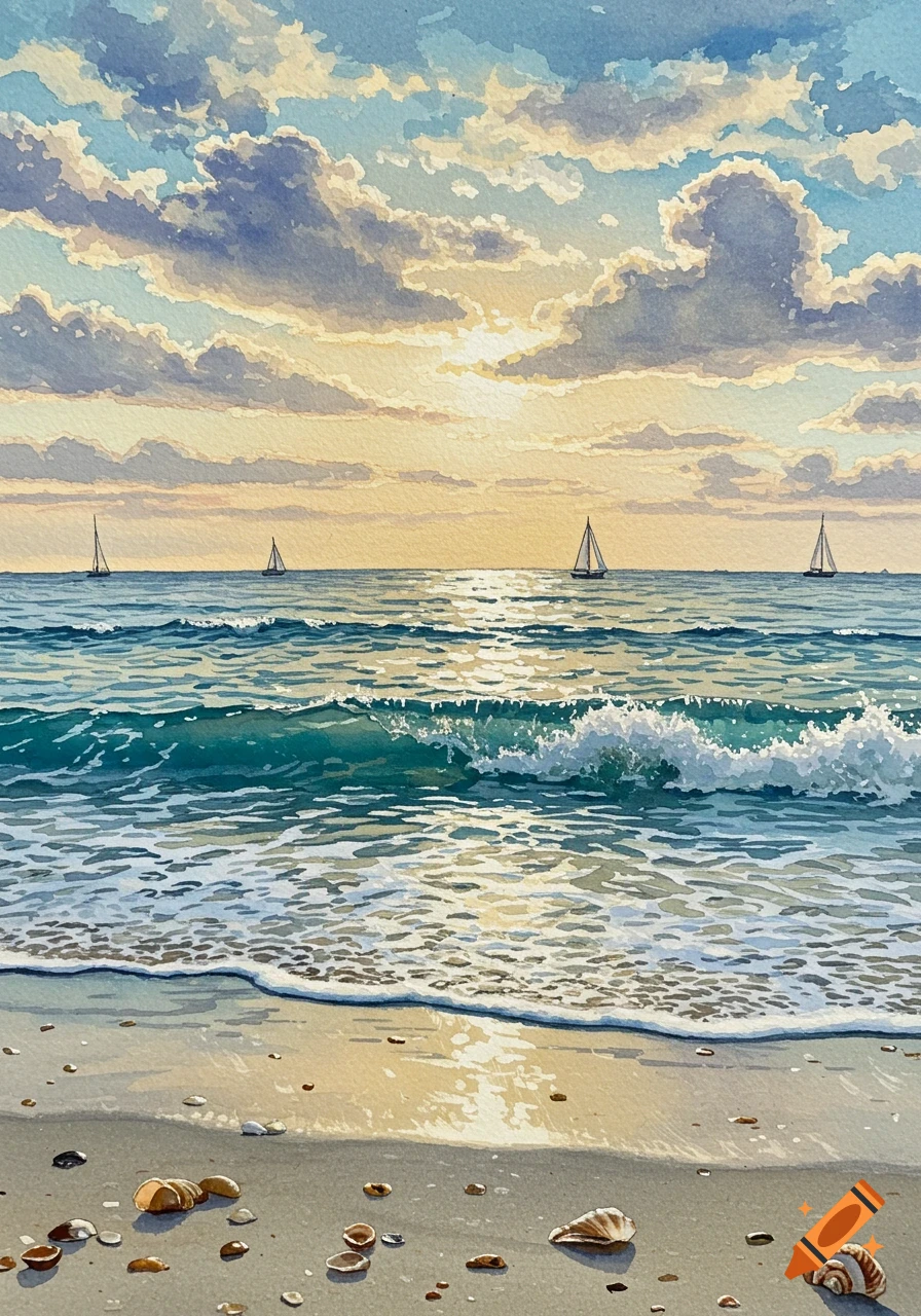Watercolor painting of a beach sunset with sailboats on the ocean and seashells on the shore.