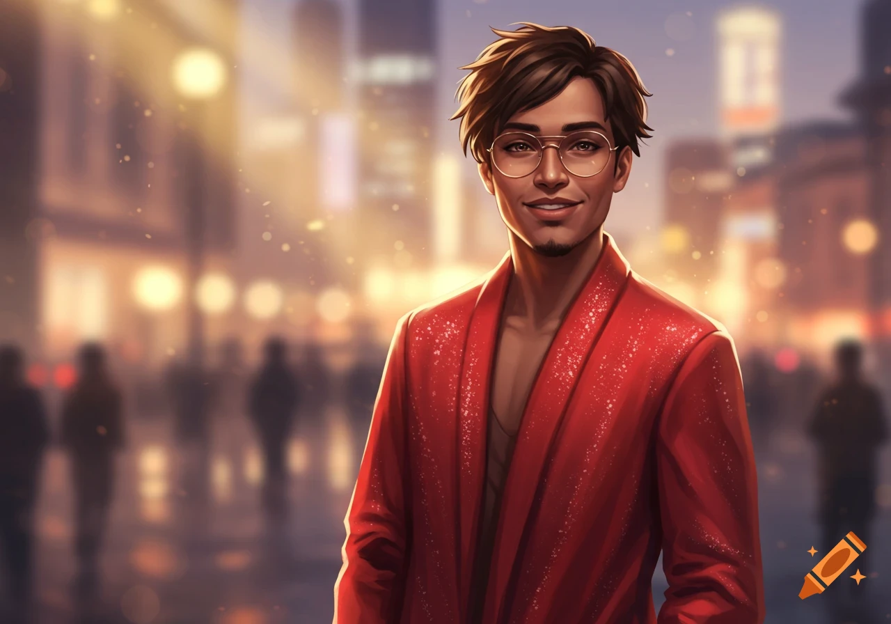 A stylish, smiling young man in a shimmering red jacket and glasses stands in a semi-realistic digital art style, with a blurred cityscape behind him.
