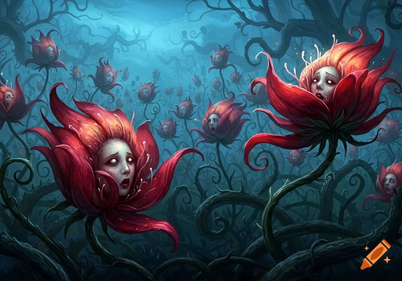 Surreal horror art: red monstrous flowers with human faces emerge from twisted vines in an eerie, foggy landscape.