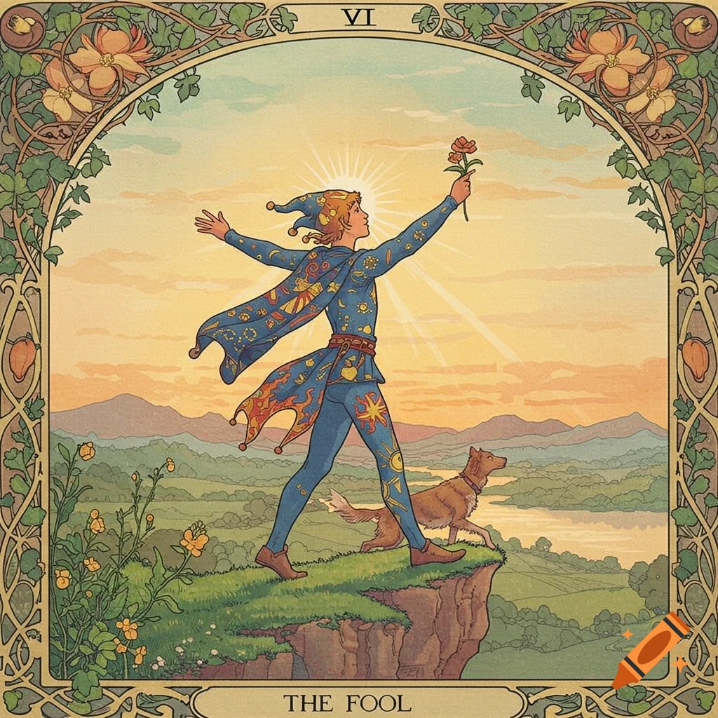 Art Nouveau tarot card of 'The Fool,' a young man in a jester outfit holding a rose, walking with a dog by a cliff at sunrise.