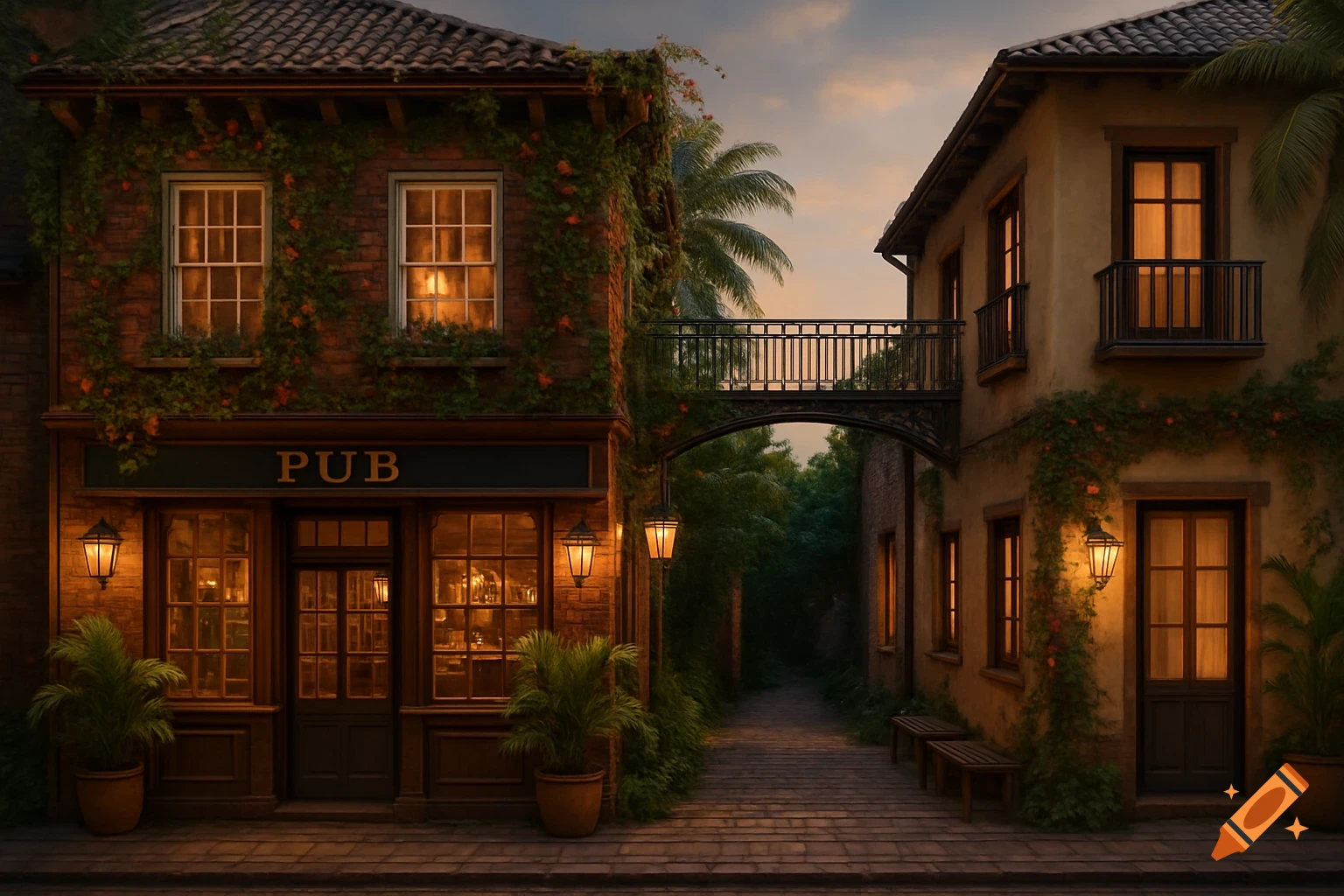 A cozy English-style pub and an accommodation building connected by a bridge over an alley at dusk, with warm lighting and tropical vines.