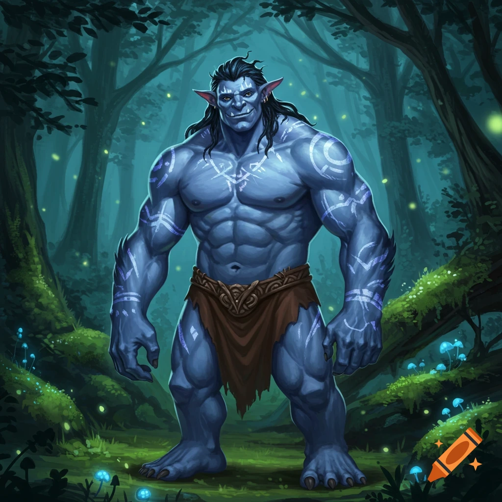 A muscular blue fantasy troll with long dark hair and glowing tribal markings, wearing a loincloth, stands in a mystical forest.