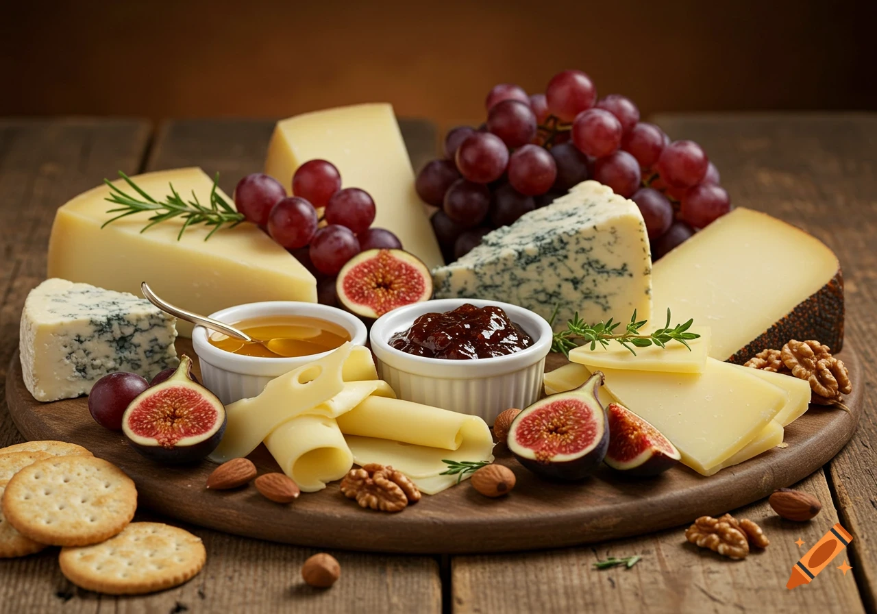 A photorealistic cheese board with various cheeses, grapes, figs, nuts, honey, jam, and crackers on a rustic wooden table.