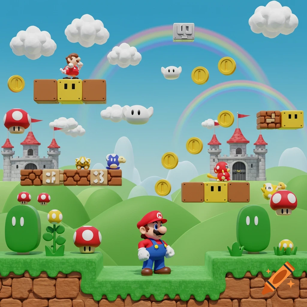 A colorful 3D rendered Super Mario-style scene with Mario, enemies, coins, castles, and floating blocks under a rainbow sky.