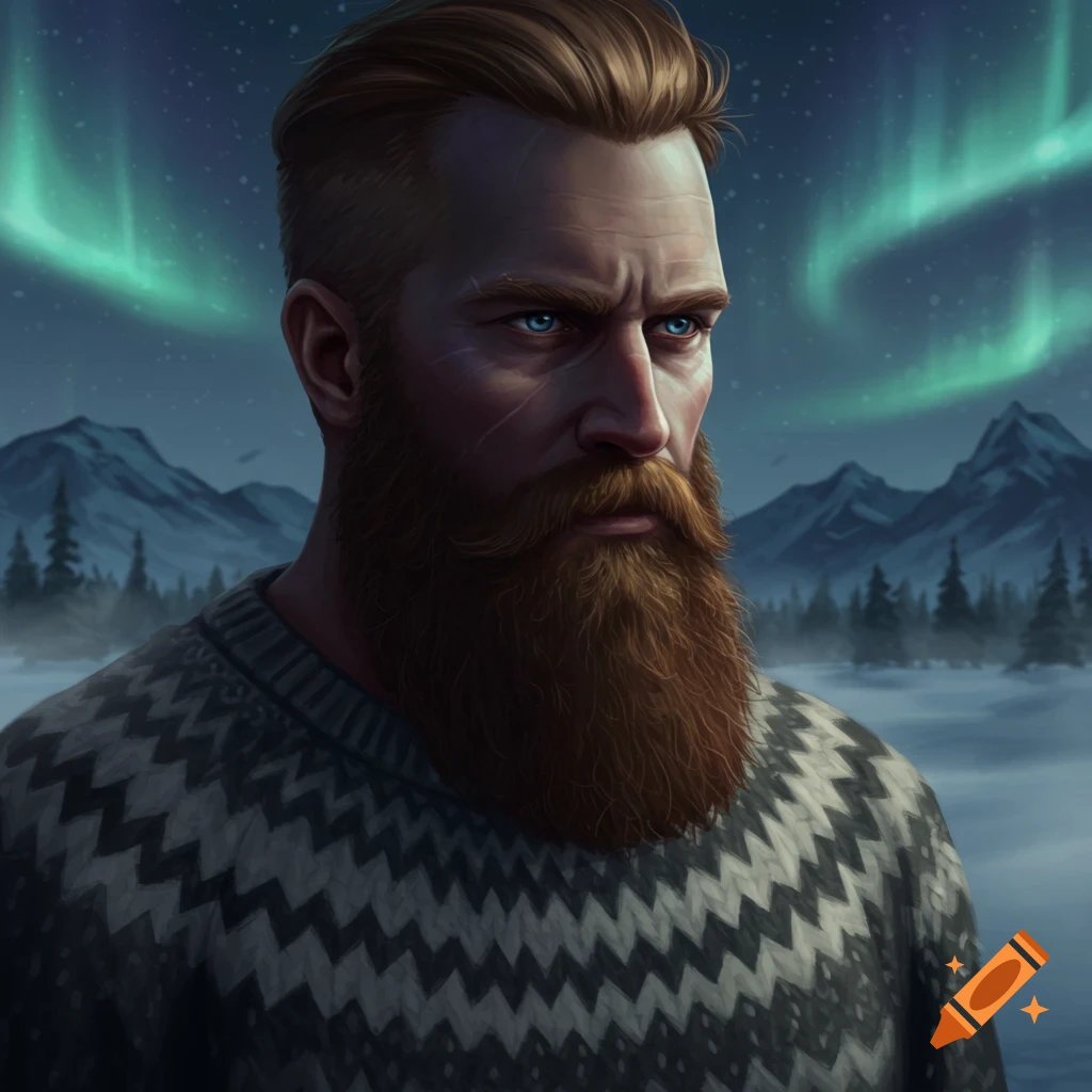 Digital art of a rugged, bearded man with blue eyes, in a snowy mountain landscape under green aurora borealis.