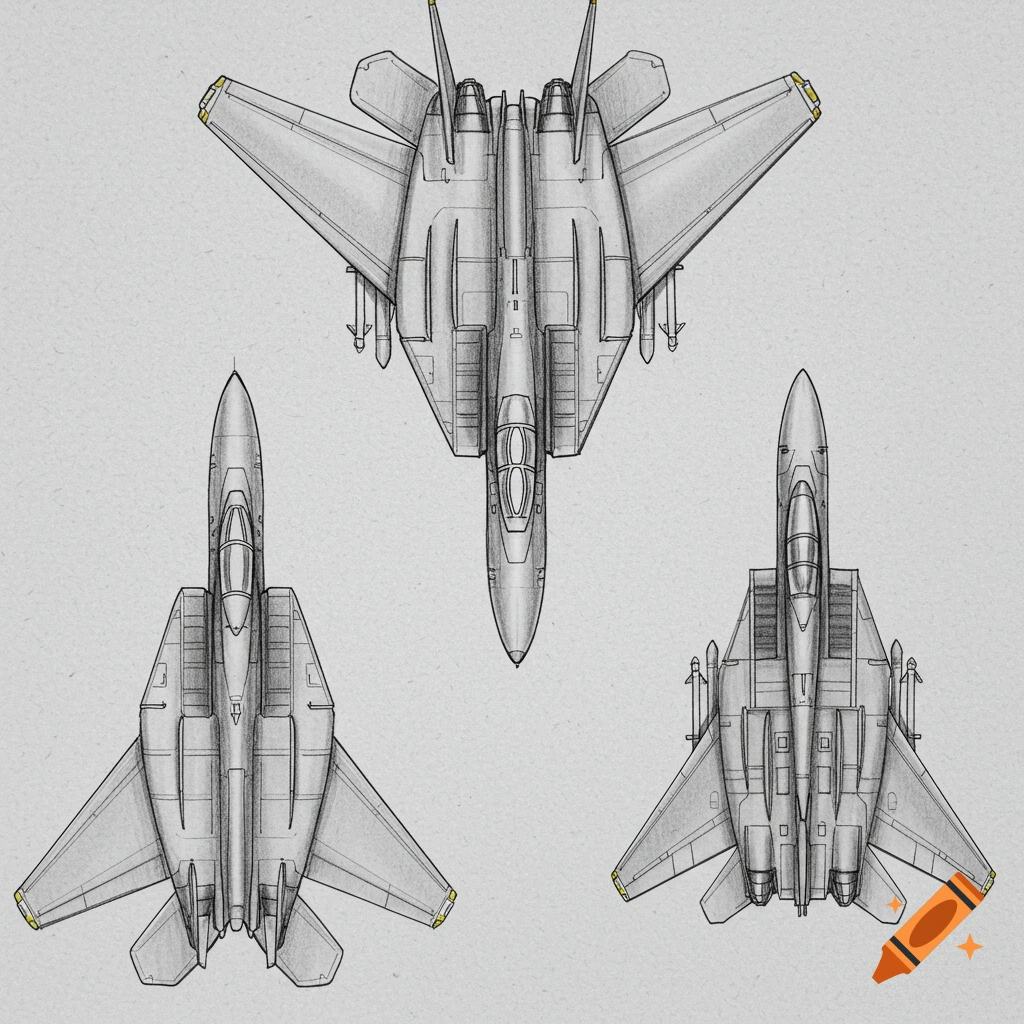 Three detailed top-down pencil sketches of advanced fighter jets, gray on a light background.