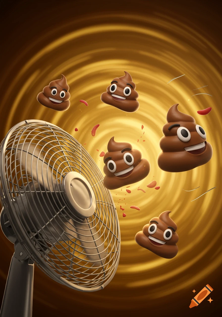 Several 3D poop emojis flying into a metal fan against a swirling golden background.