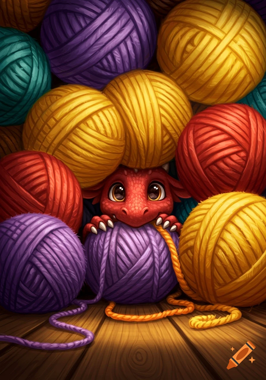A shy, cute red dragon with big eyes peeking out from a colorful pile of purple, red, and yellow yarn on a wooden floor.