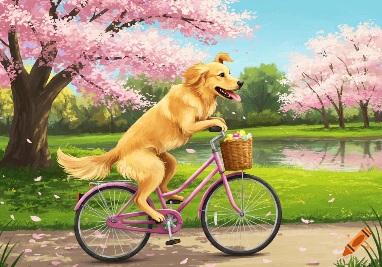 An illustration of a golden retriever riding a pink bicycle with a basket of Easter eggs on a path under blooming cherry trees.
