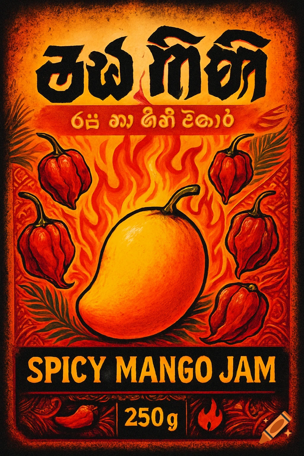 A fiery label design for Spicy Mango Jam featuring a large mango, red chili peppers, and flames against a patterned orange background with Sinhala and English text.