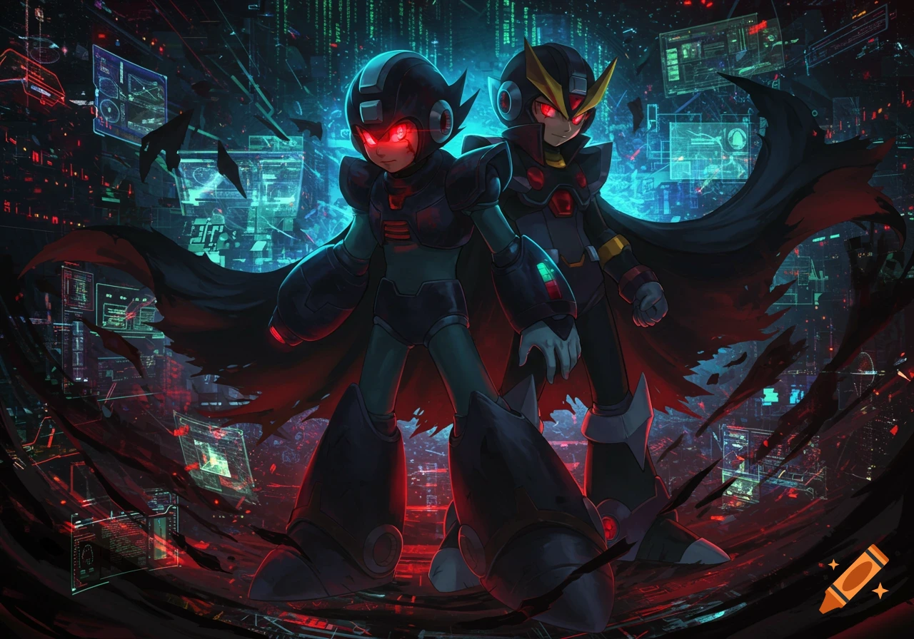 Two dark-armored robot characters with red eyes and capes stand in a glowing blue and red futuristic digital city in an anime style.