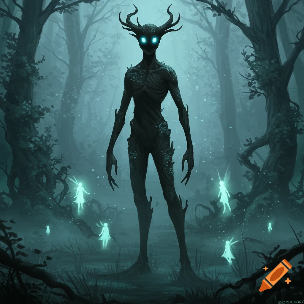A dark, antlered tree creature with glowing eyes stands in a misty forest, surrounded by small glowing fairies. Digital art.