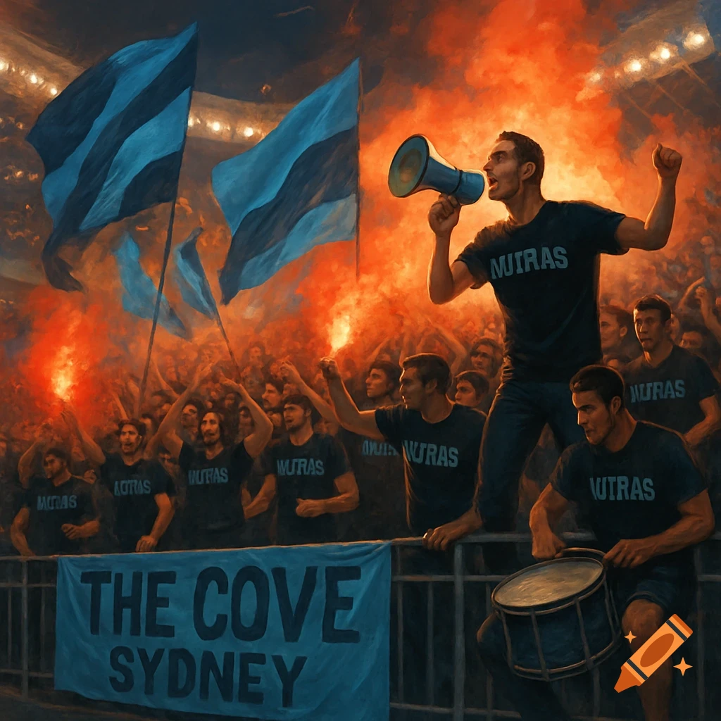 A vibrant digital painting of football fans at a stadium, waving flags and red flares, with a man shouting into a megaphone and a banner reading "The Cove Sydney".