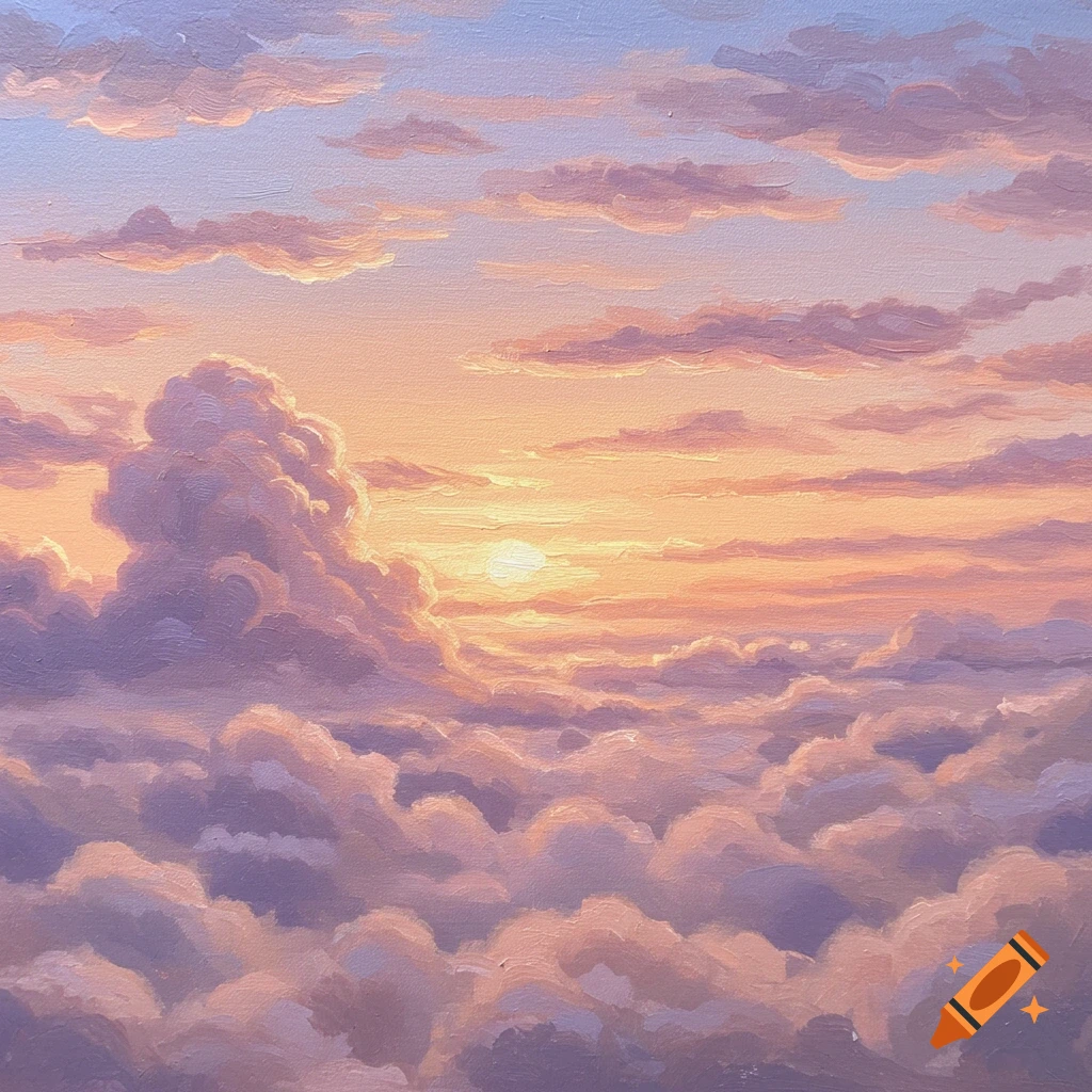 Impressionist oil painting of a sunrise over soft pastel clouds.