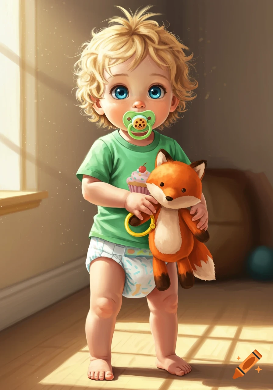 Digital art of a baby boy with blonde curly hair, blue eyes, wearing a green shirt and diaper, with a pacifier, holding a fox plushie.
