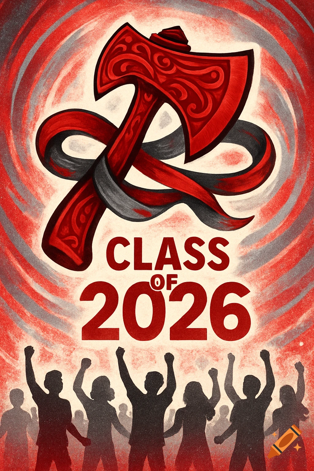A red and grey graphic poster with a stylized red axe wrapped in ribbons above 'CLASS OF 2026' and silhouettes of people with raised fists.