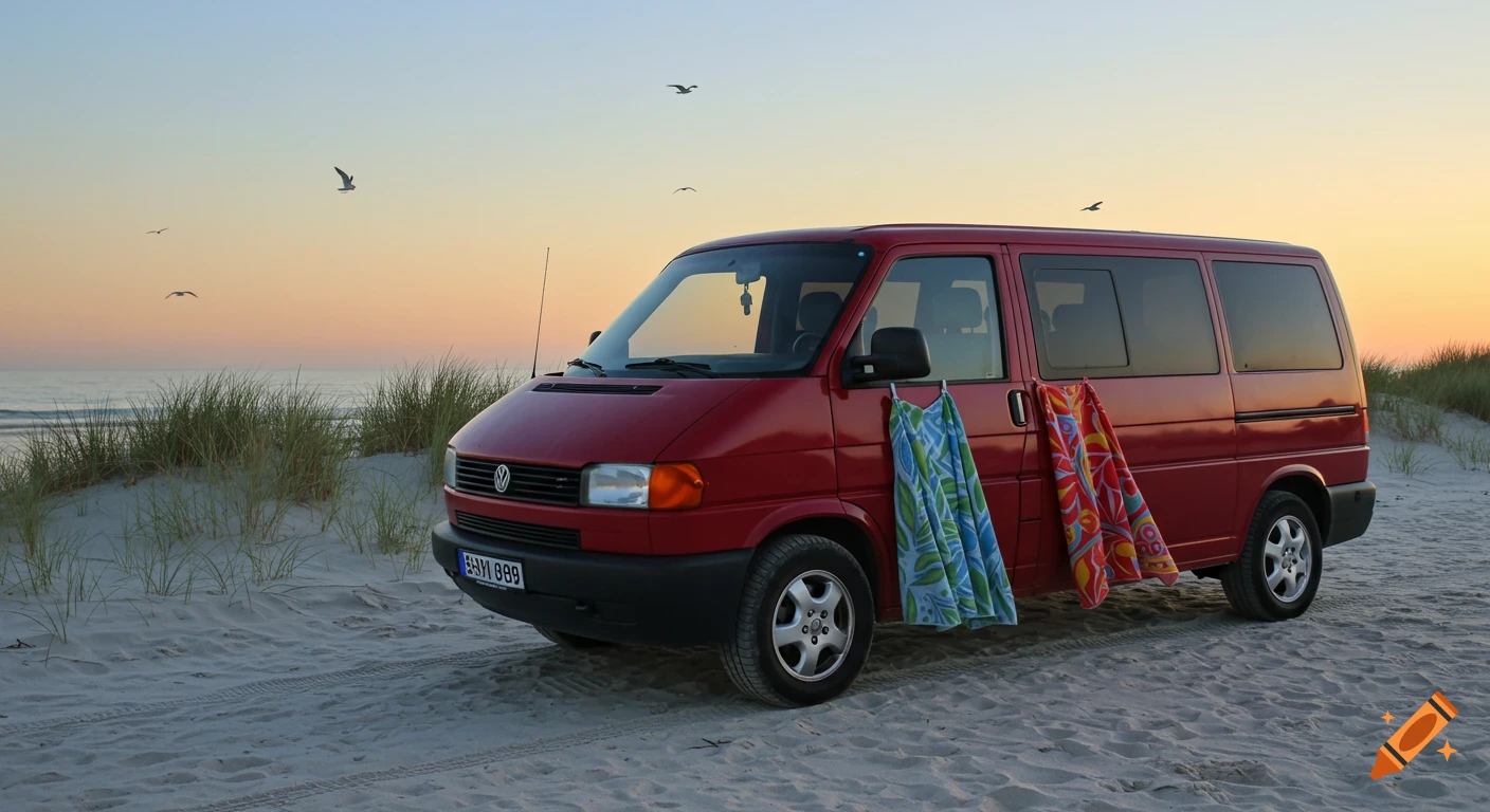 Red VW T4 van parked on a sandy beach at sunset, with two colorful beach towels hanging on its side. Photorealistic.