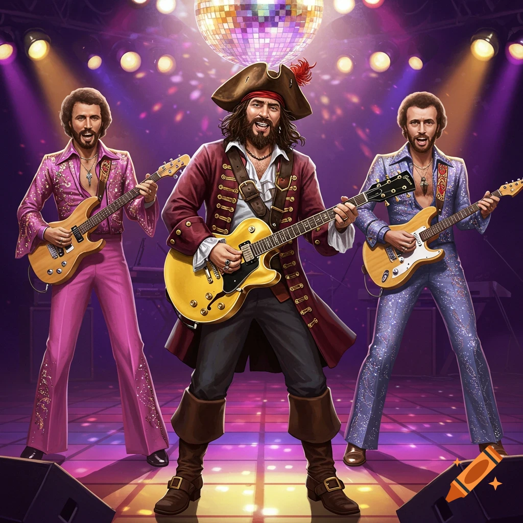 A pirate and two Bee Gees-like musicians play electric guitars on a disco stage under a glitter ball.
