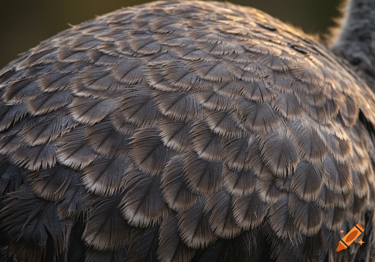 Close-up, detailed view of an ostrich's textured, brown and gray feathers, illuminated by warm light.