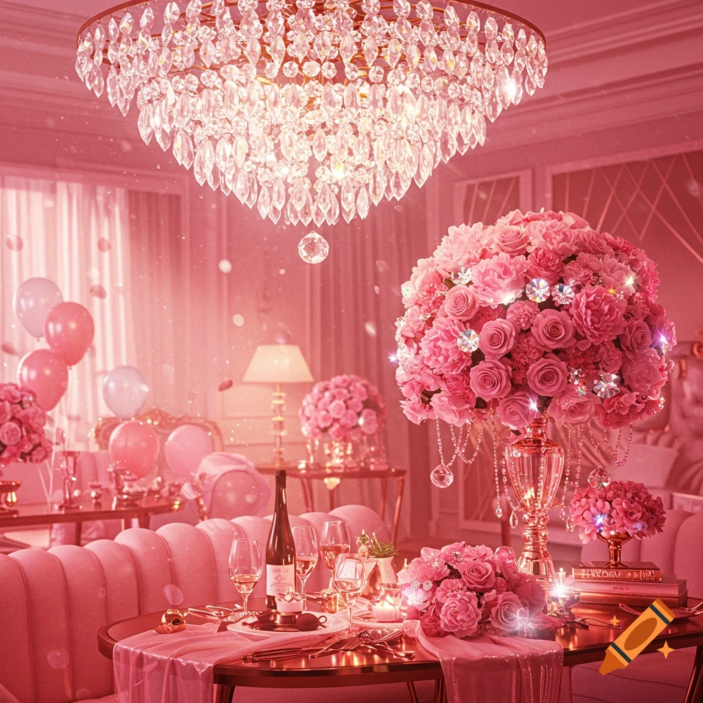 A luxurious pink room decorated for a celebration, featuring a grand crystal chandelier, large pink floral arrangements, balloons, and a table set for dining.