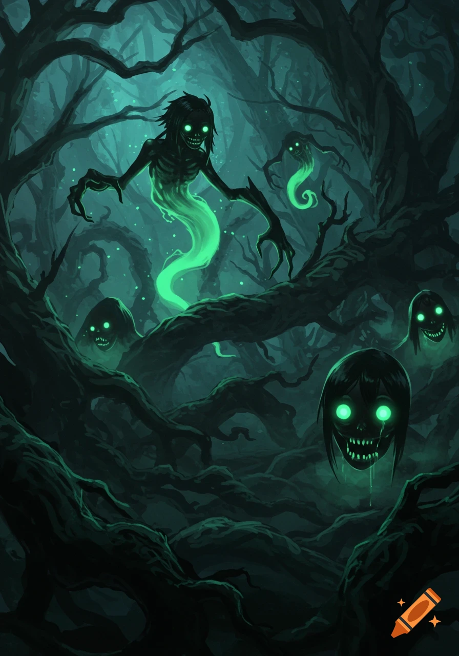 Anime illustration of creepy, glowing green-eyed ghost monsters with sharp teeth in a dark, gnarled forest.