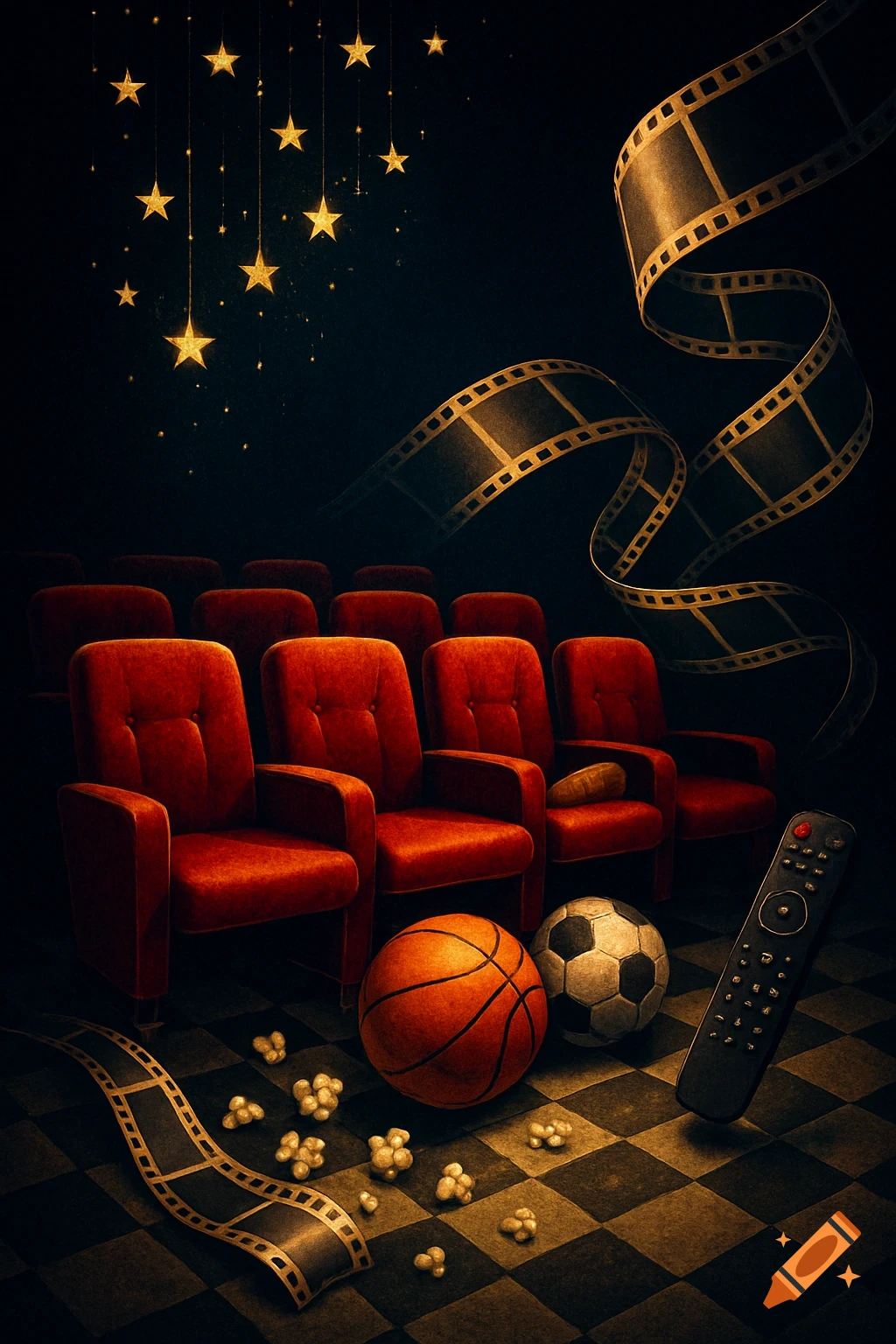 Stylized scene of an empty movie theater with red chairs, film strips, popcorn, sports balls, and a remote control.