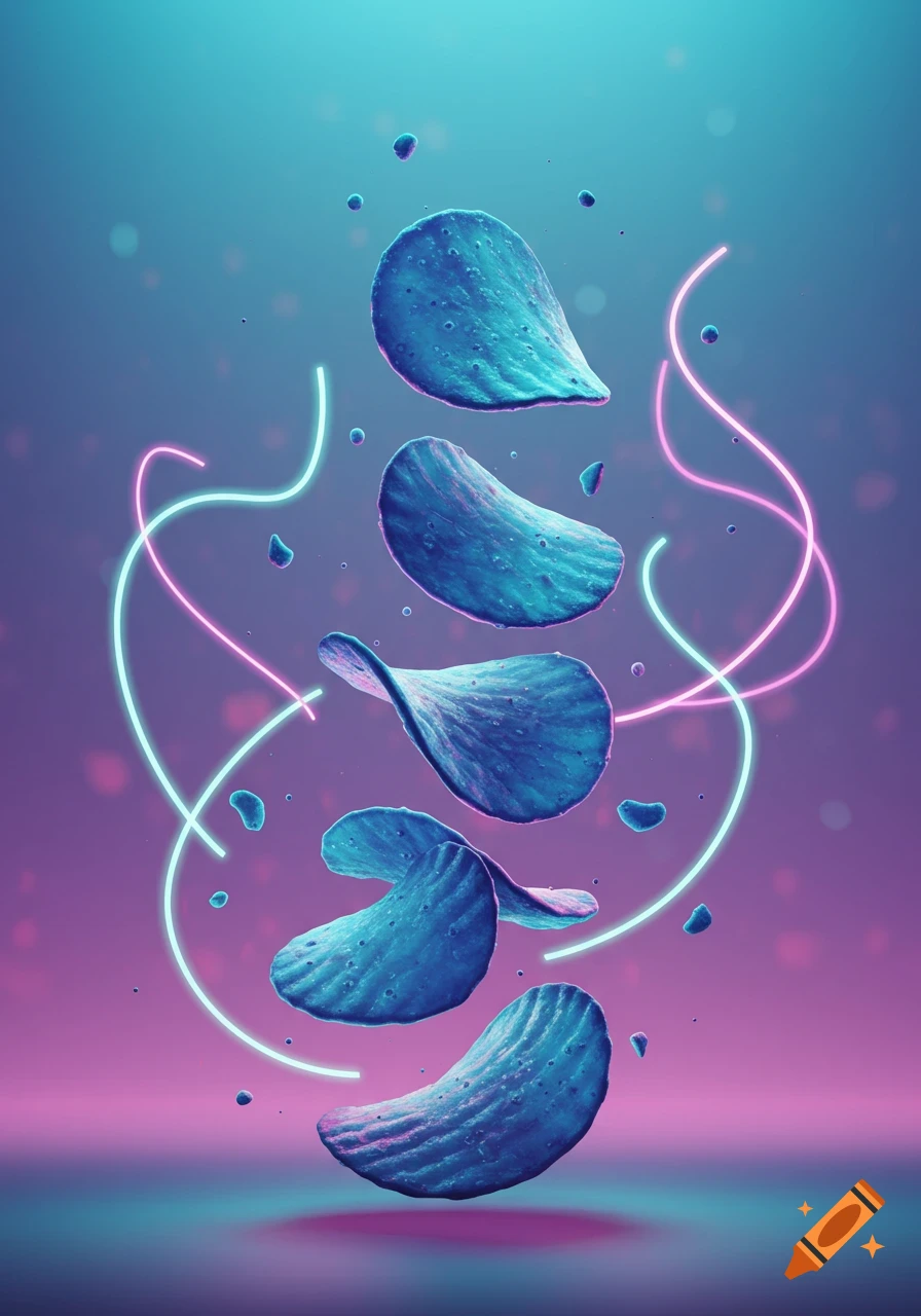 Blue potato chips floating vertically amidst glowing neon pink and cyan lines against a blue and purple gradient background.
