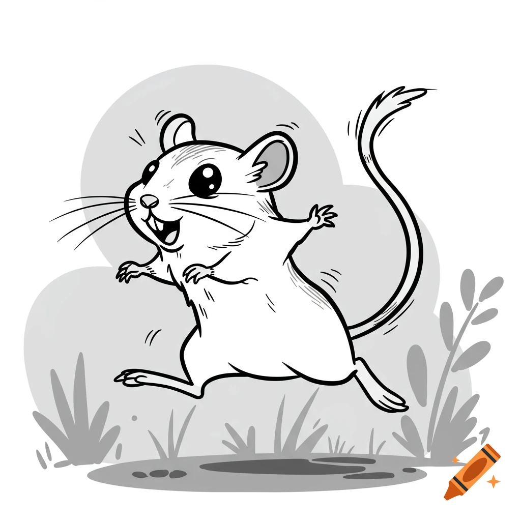 A happy black and white cartoon gerbil jumps and runs through grass, depicted in a playful illustration.