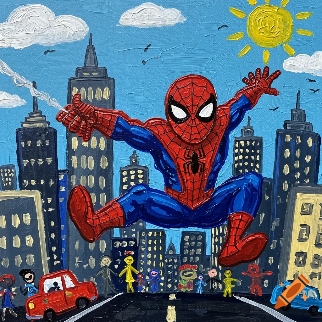 Childlike painting of Spider-Man jumping heroically over a city street with cars and people.