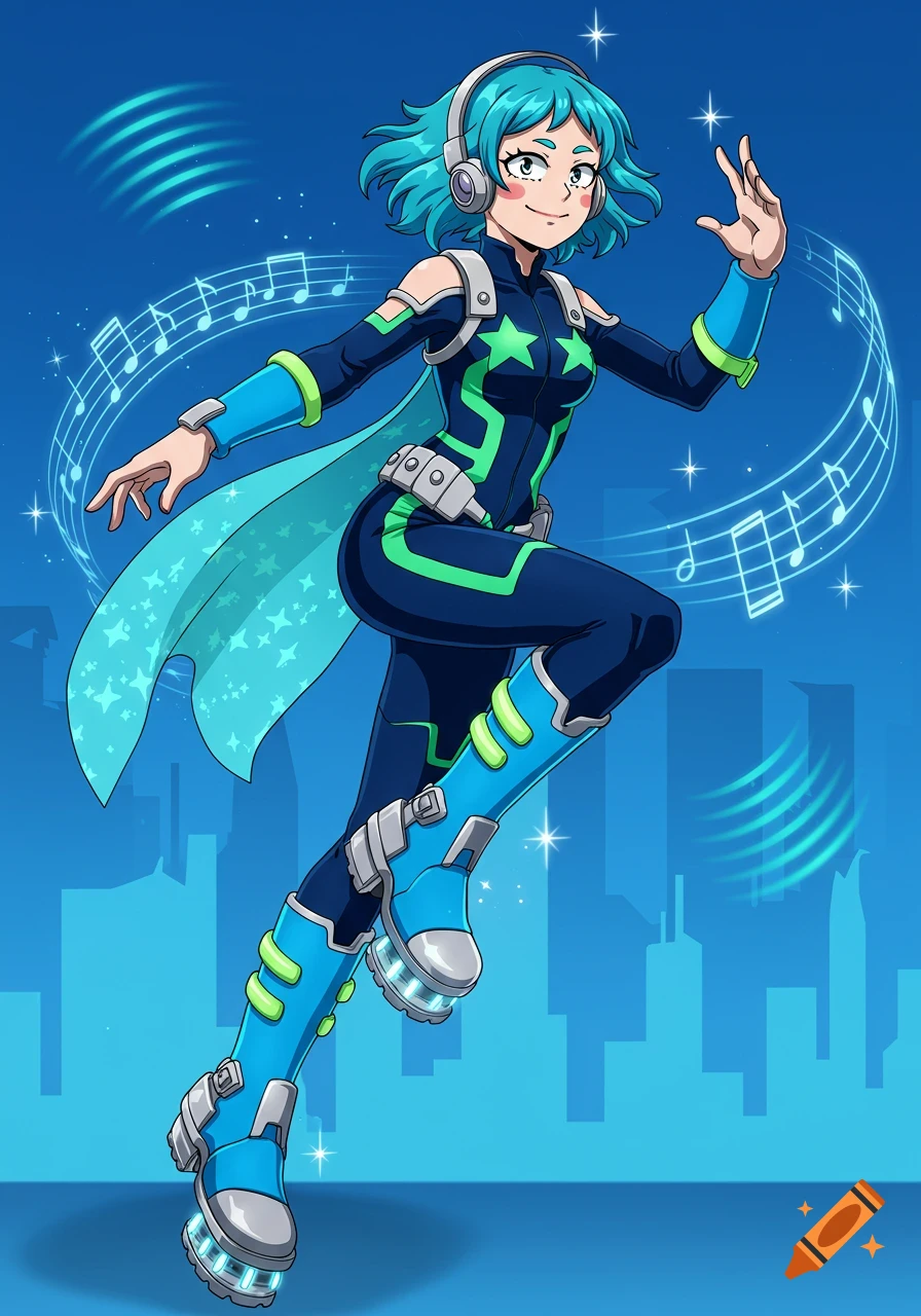 An anime-style superheroine with aqua hair in a blue and green star-patterned suit, headphones, and glowing boots, surrounded by musical notes.