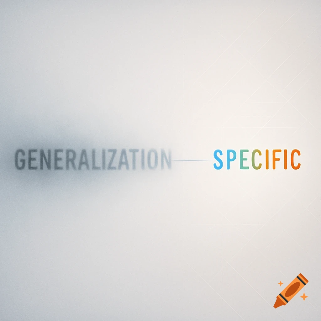 The word 'GENERALIZATION' faded on the left, connected by a line to the colorful word 'SPECIFIC' on the right.