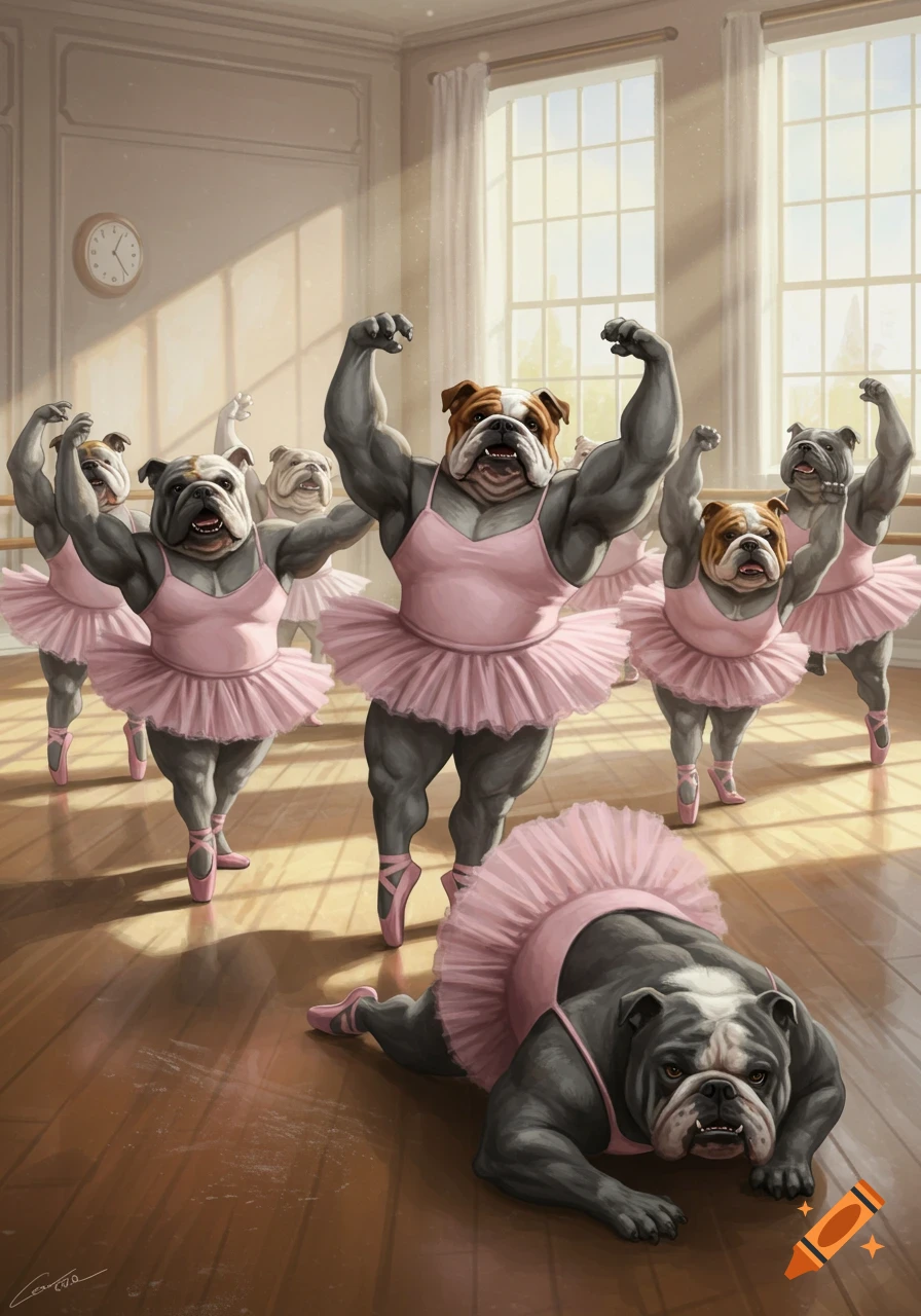 Muscular bulldogs in pink tutus and pointe shoes perform ballet in a studio, one dog on the floor. Digital illustration.