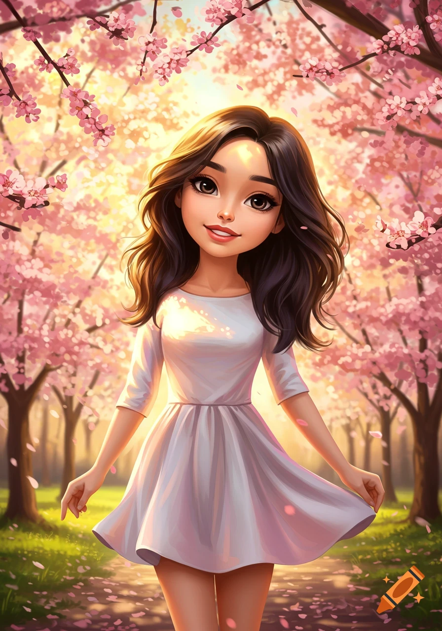 A cute cartoon girl in a white dress smiles amidst a vibrant field of pink cherry blossoms, bathed in sunlight.