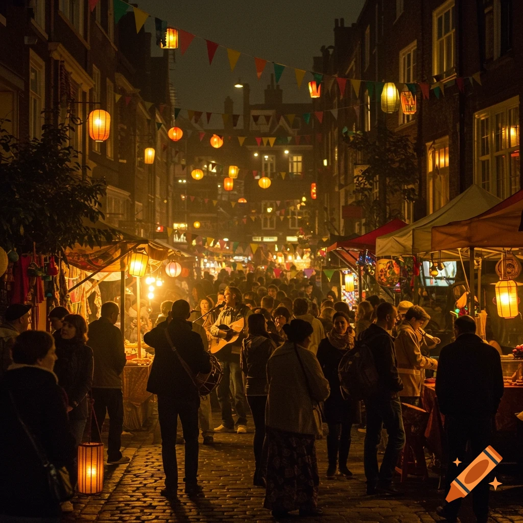 A vibrant night market filled with a crowd of people browsing stalls, illuminated by numerous glowing lanterns and string lights.