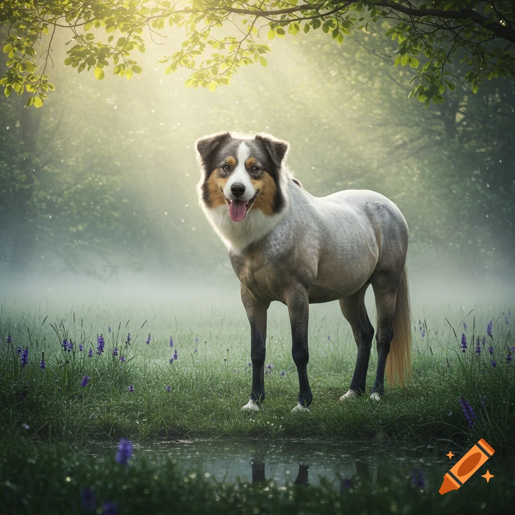 A photorealistic dog-horse hybrid stands in a misty, sunlit forest clearing with purple flowers and a small pond.