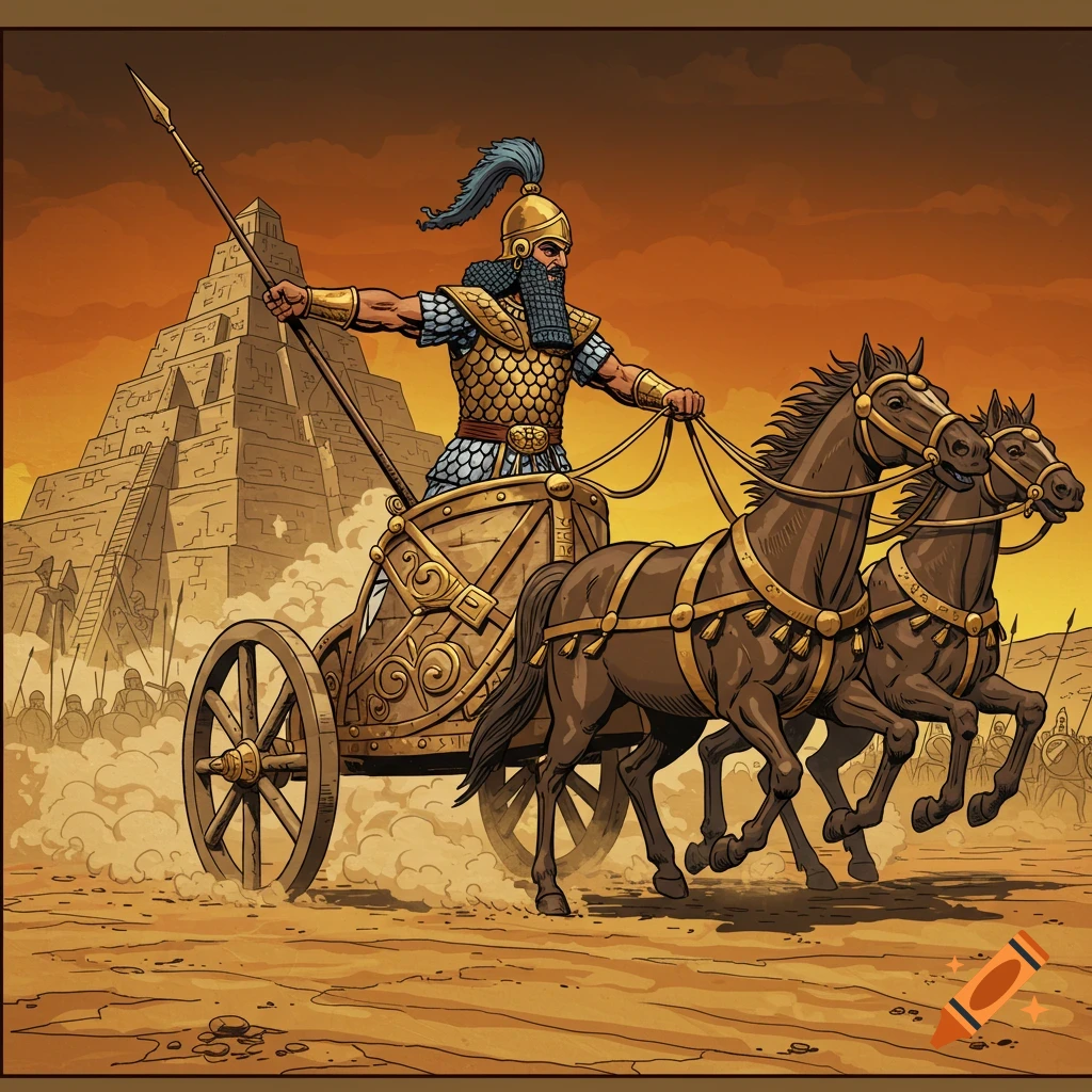 A Sumerian charioteer in golden armor drives a two-horse chariot across a desert, with a ziggurat in the background, in retro comic art style.