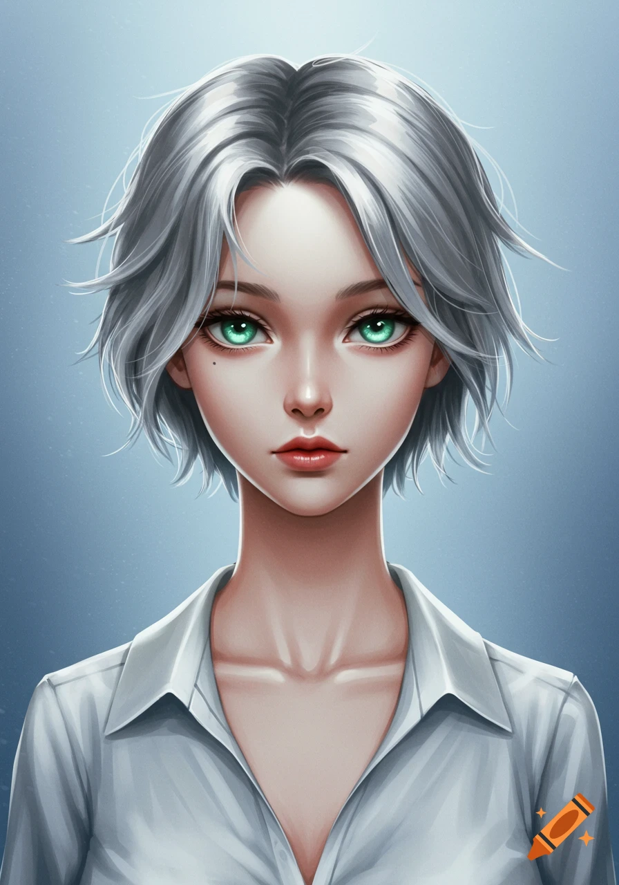 A stylized digital art portrait of a young woman with short gray hair and large green eyes, wearing a white collared shirt.