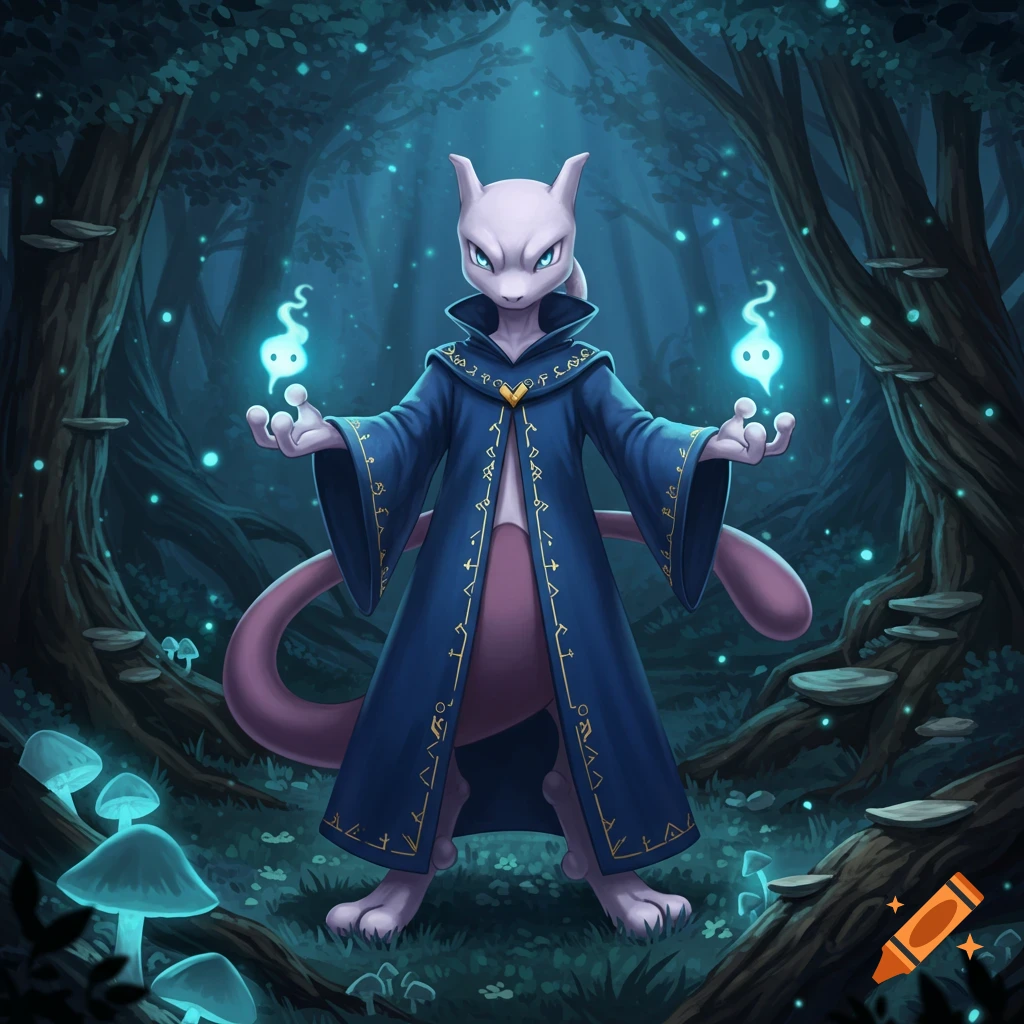 Mewtwo in a dark blue wizard robe holds glowing blue wisps in a mystical, dark forest with luminescent mushrooms.