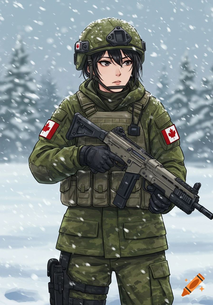 Anime art of a Canadian Armed Forces soldier in green camouflage uniform and helmet, holding a rifle in a snowy forest.
