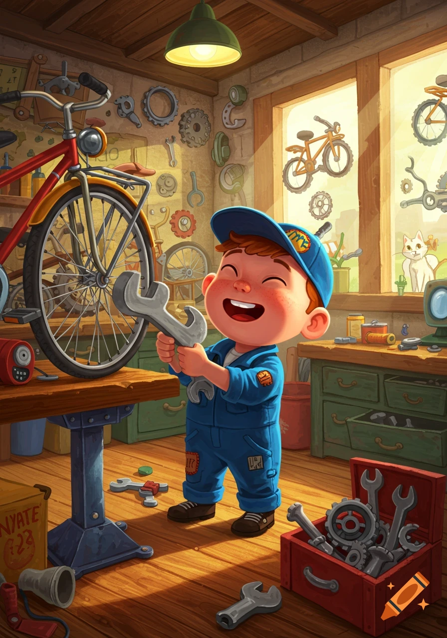 A happy cartoon boy in blue overalls fixing a bicycle with a large wrench in a sunny workshop.