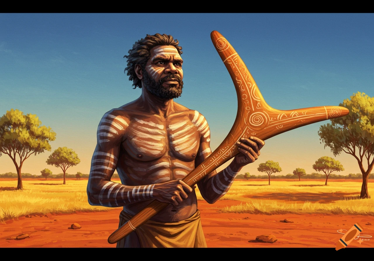 An Aboriginal man with white body paint holds a decorated boomerang, standing in a sunny Australian desert landscape.
