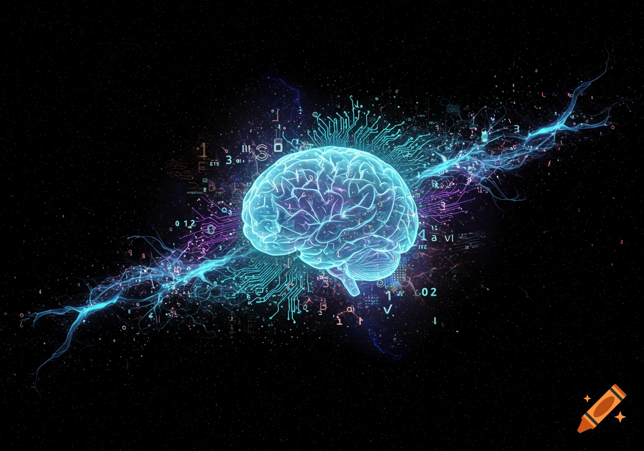 A glowing, translucent blue brain with intricate circuit patterns and digital data flowing around it on a starry black background.