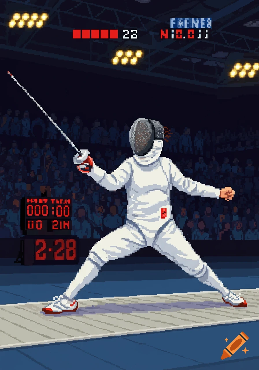 A pixel art image of a fencer in a white uniform and mask, holding a foil, on a strip with a scoreboard and spectators in the background.