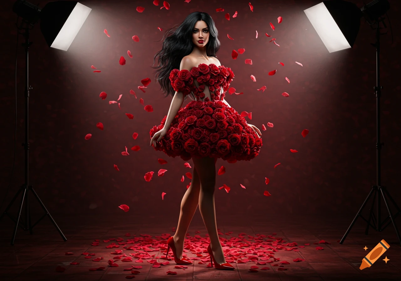 A woman in a red rose dress and red heels under spotlights with red petals falling around her during a photoshoot.
