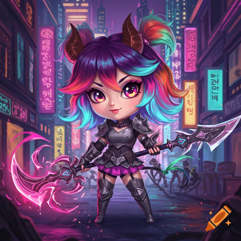 A cute chibi demon hunter with rainbow hair and armor holds a scythe and spear in a neon cyberpunk city.