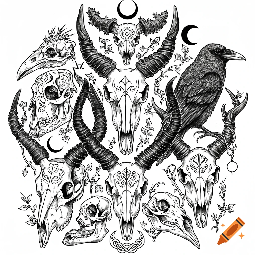 Black and white line art illustration of various animal skulls, ram horns, a raven, and vines in a pagan-inspired tattoo design.