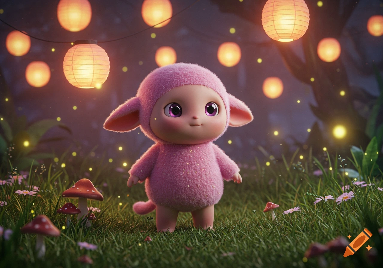 A cute, pink, fluffy creature with big purple eyes stands in a magical forest with glowing lanterns, fireflies, and mushrooms.